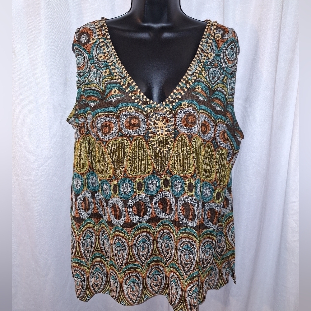 Rafaella Blue Green Graphic Embellished Tank Top